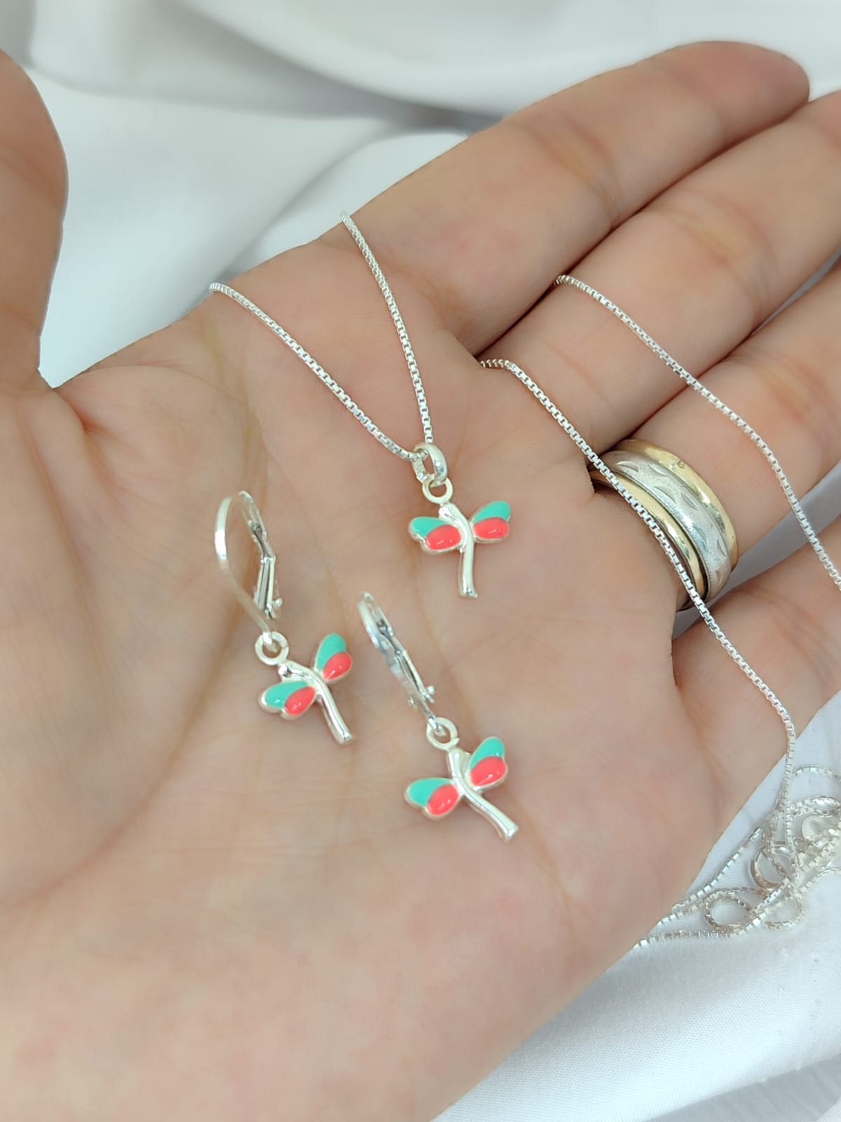 Set cadena y aretes Libélula de Colores - Plata 925