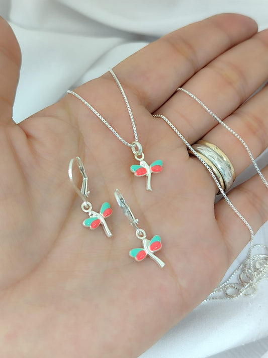 Set cadena y aretes Libélula de Colores - Plata 925
